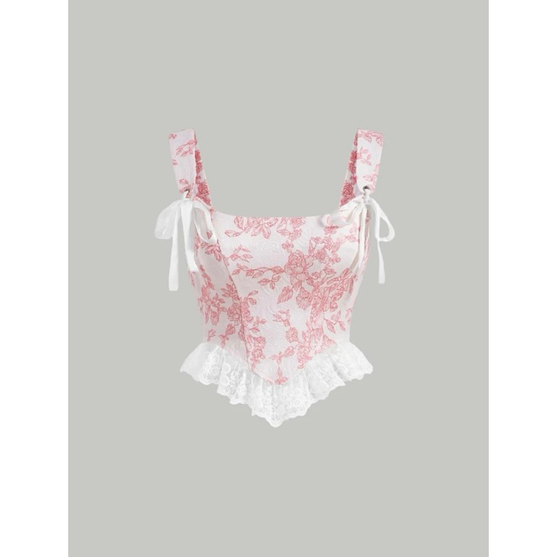 Áo croptop tiểu thư in hoa ren đan dây