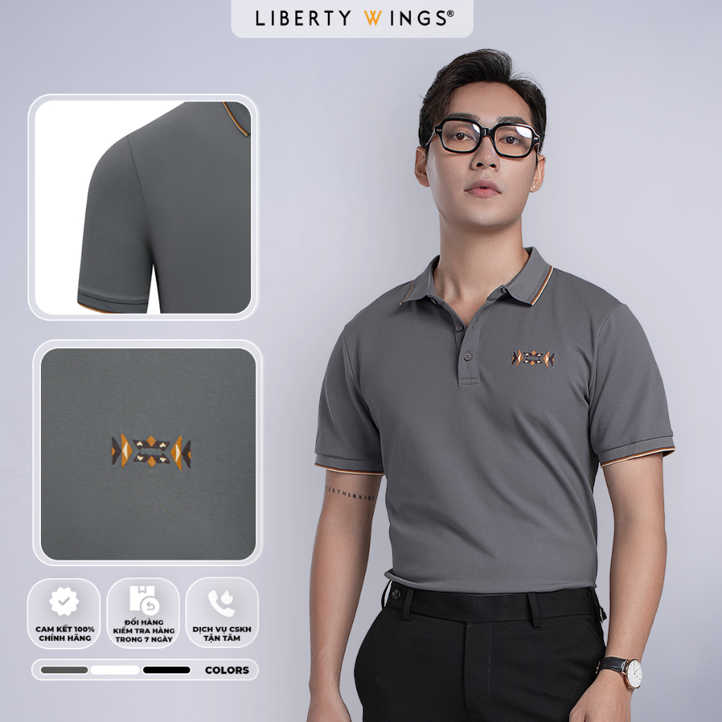 Áo Polo Nam cổ viền be, họa tiết thổ cẩm ngực trái Liberty Wings