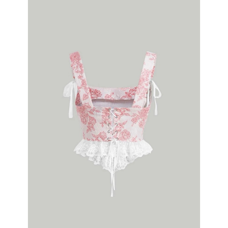 Áo croptop tiểu thư in hoa ren đan dây
