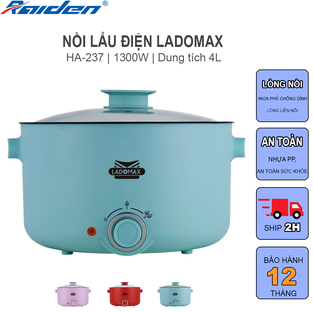 Nồi lẩu điện lòng liền 4L Ladomax HA-237 thiết kế kín dễ dàng vệ sinh, lòng nồi inox phủ men chống dính