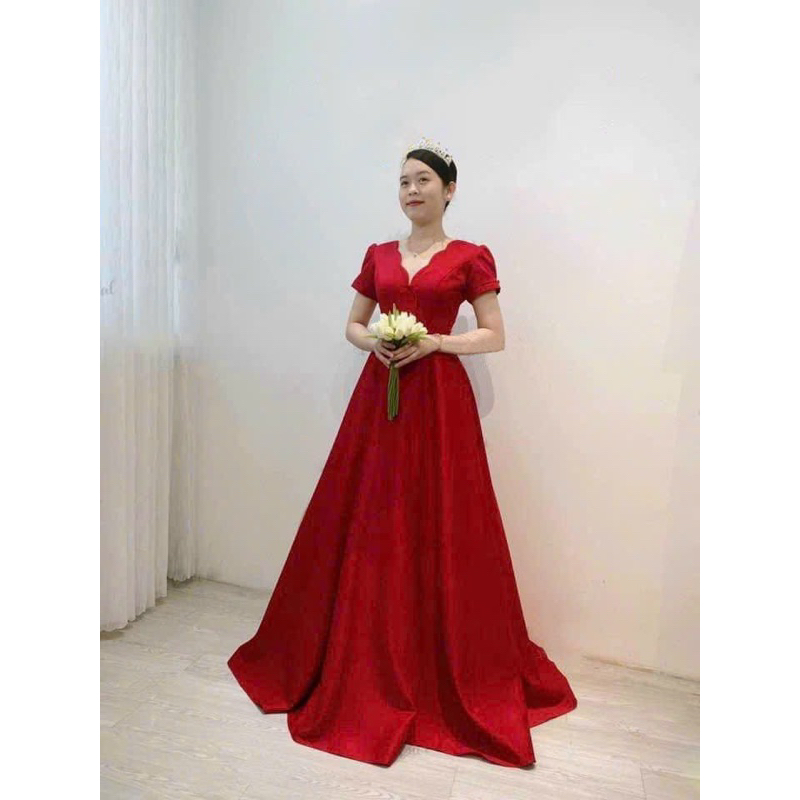 Đầm maxi cưới cổ V gợn sóng cho dâu mặc nhẹ nhàng đi bàn sang trọng - size S/M/L