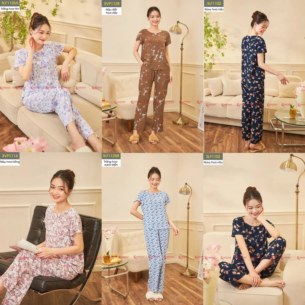 Đồ Bộ Nữ 𝐂𝐀𝐑𝐃𝐈𝐍𝐀 Chất Lanh Nhung Dài Cổ Thuyền Tay Cộc Cạp Chun 3LF11