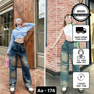 Jeans suông nữ cách điệu Wash 2 màu cực ngầu phong cách Trung