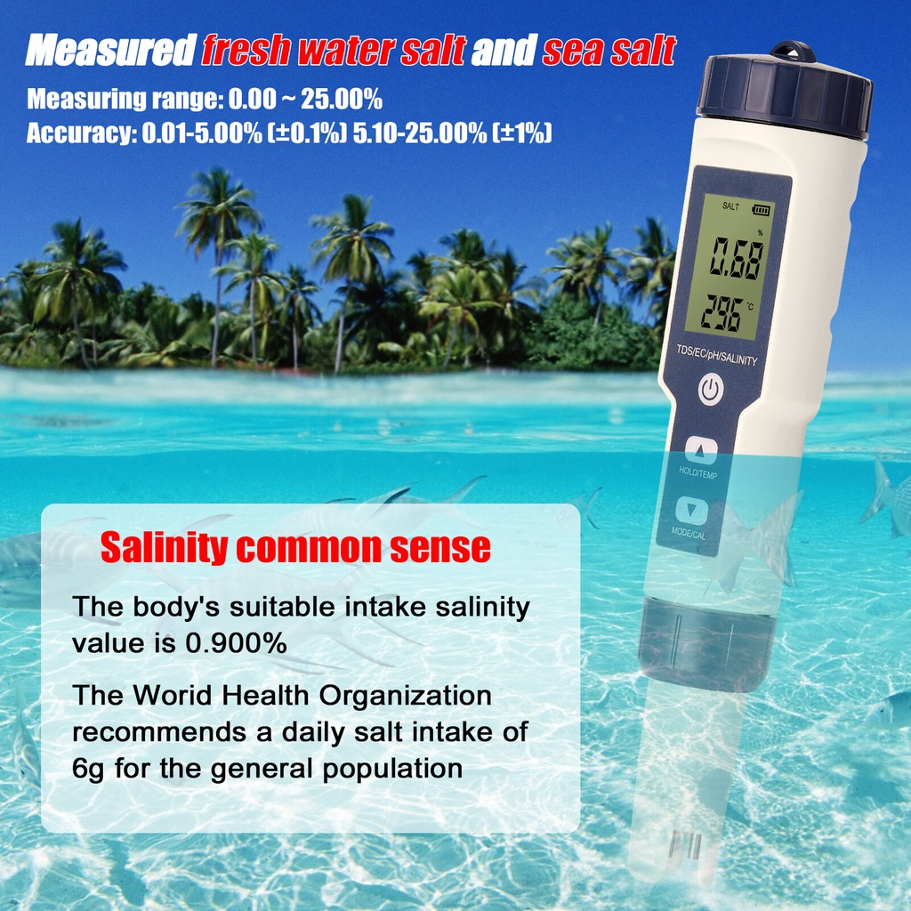 Bút kiểm tra chất lượng nước, đo độ mặn nước 5 là 1 pH/TDS/EC/độ mặn/nhiệt độ, kèm theo 3 gói pH tiêu chuẩn