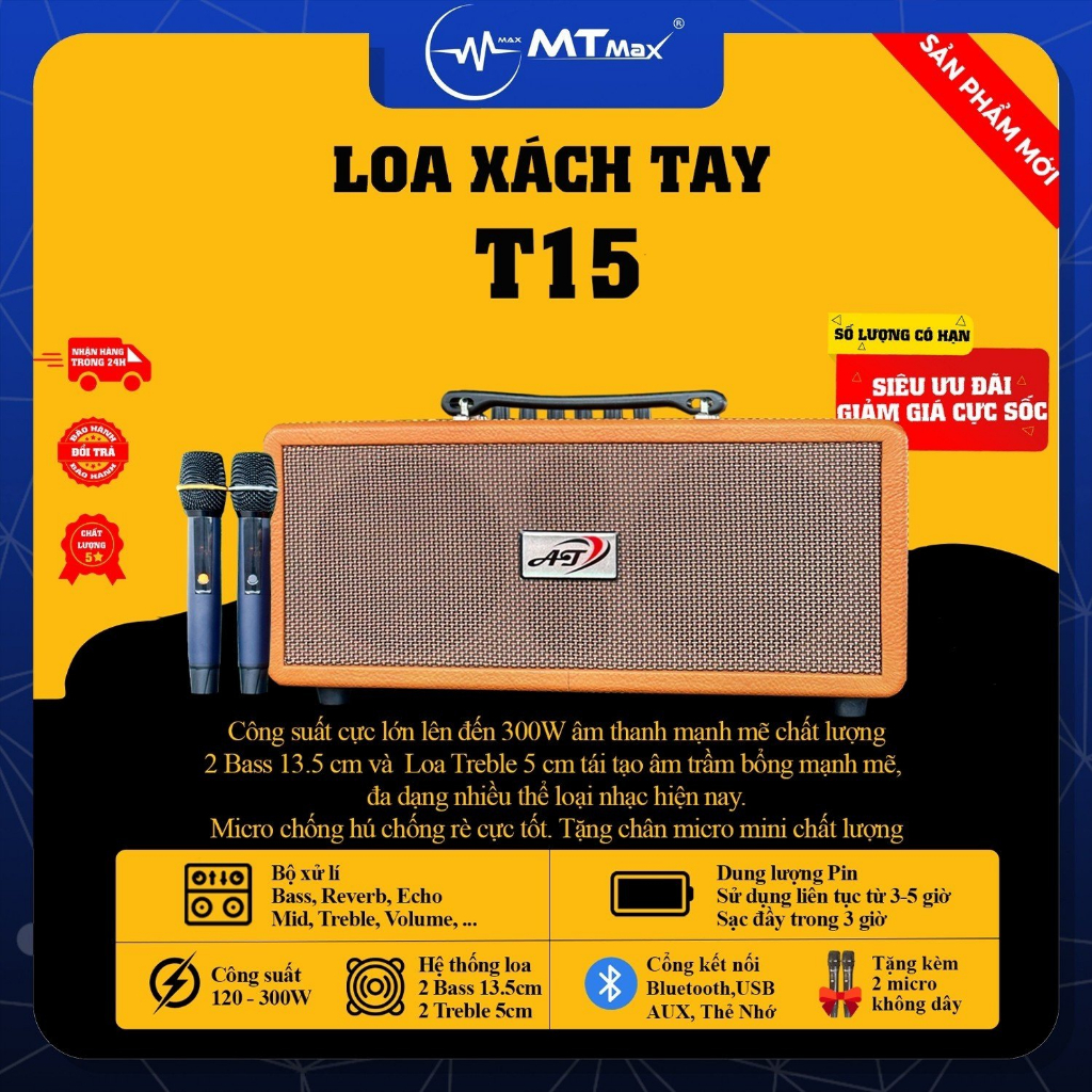 Loa kéo xách tay du lịch MTMAX T15 tích hợp vang chuyên nghiệp karaoke bluetooth 5.0 thiết kế sang trọng tặng 2 micro