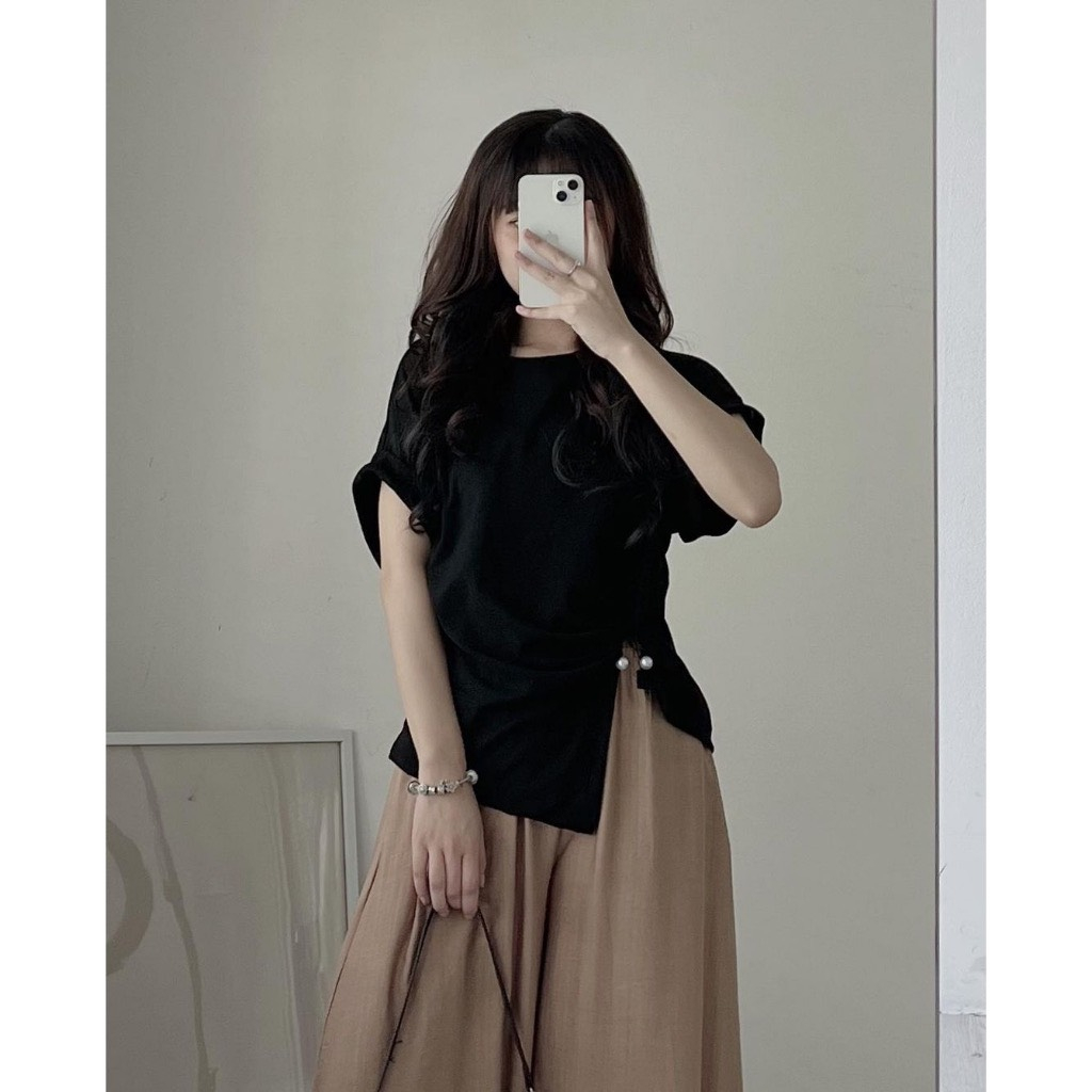 Áo thun cộc tay rúm eo khuy ngọc 893