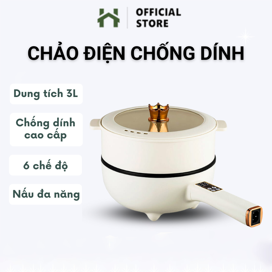 Chảo Điện Mini Đa Năng Chống Dính Dung Tích 3L, Nồi Lẩu Điện Có Tay Cầm Dài Điều Chỉnh Nhiệt Độ Nấu Thông Minh