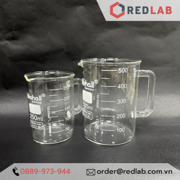 Cốc thuỷ tinh có tay cầm 250ml 500ml BIOHALL Germany - beaker có quai, chia vạch trắng, có VAT