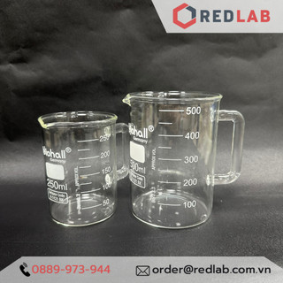 Cốc thuỷ tinh có tay cầm 250ml 500ml biohall germany - beaker có quai, chia vạch trắng, có vat