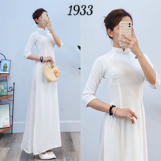 Ltt1933 - bộ áo dài lụa thái tuấn trắng kem, cổ vuông 2p, tay lỡ, lụa trơn - trắng kem 03