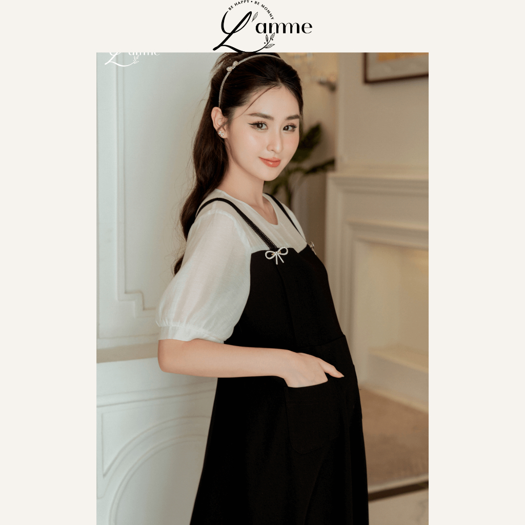 Váy bầu Jelly Dress giả yếm đính nơ phù hợp mẹ bầu đi làm, đi chơi thiết kế by L'amme
