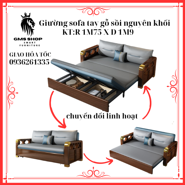 Ghế sofa giường thông minh tay gỗ sồi bọc đồng cao cấp T488,Giường sofa gấp gọn bọc vãi nano chống ẩm mốc: KT1m75x1m95