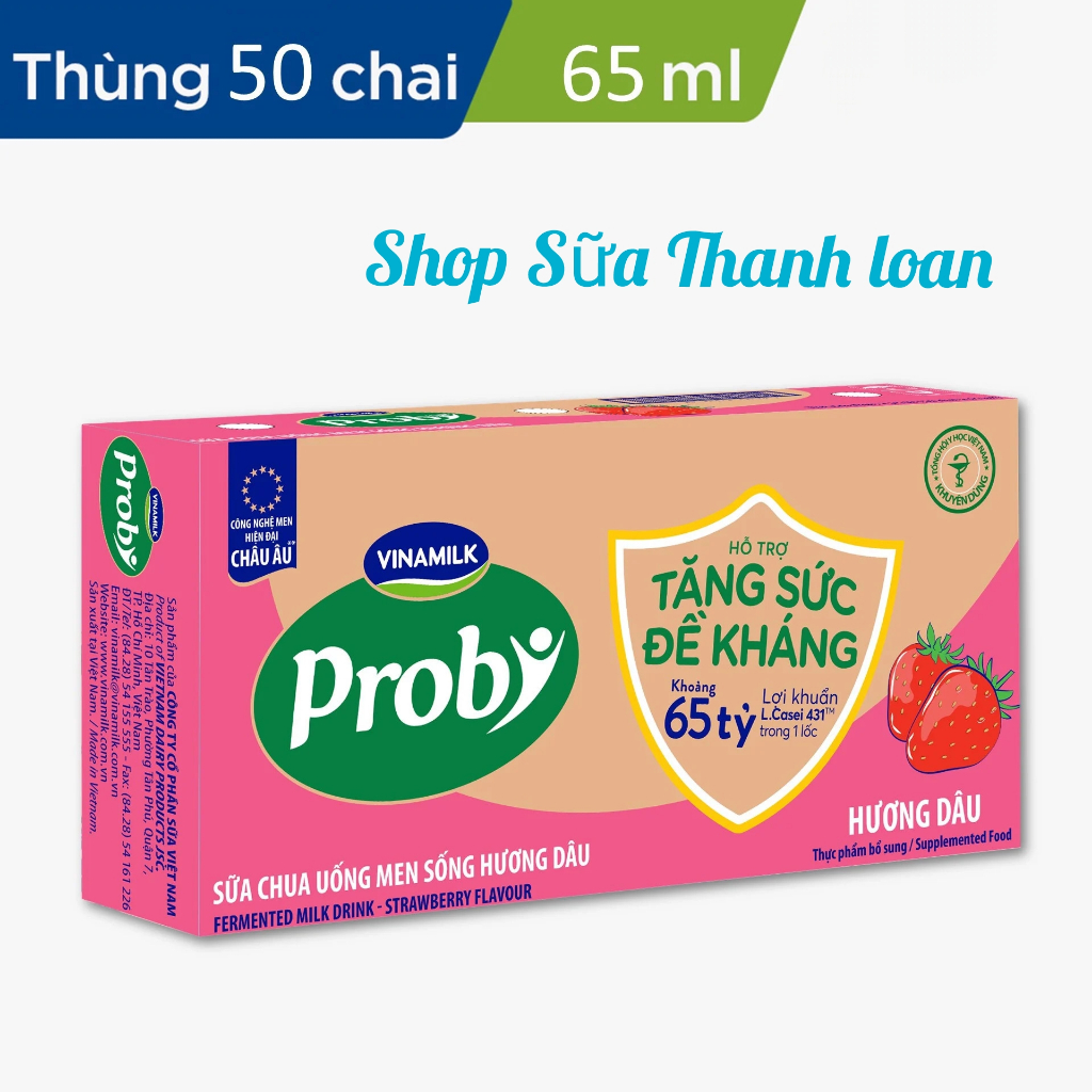 THÙNG 50 CHAI SỮA CHUA UỐNG PROBI DÂU - LỐC 5 CHAI 65ML