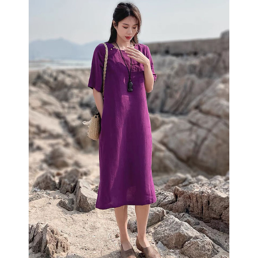 Đầm suông trung niên tay lỡ cổ vuông SLINEN, chất vải Linen bột Hàn Premium, form suông giấu bụng - 