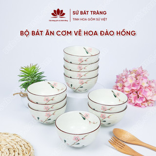 Bộ bát ăn cơm vẽ hoa đào hồng sứ Bát Tràng đẹp - Bộ 10 và 6 bát