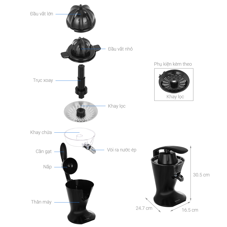 Máy Vắt Cam Cao Cấp Lock Lock 85W EJJ256BLK Kết Hợp Tay Ép - Hàng Chính Hãng