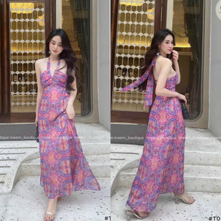 Đầm váy nữ maxi chạy mocking thân sang chảnh dáng quý phái tôn dáng họa tiết cột nơ cổ dự tiệc