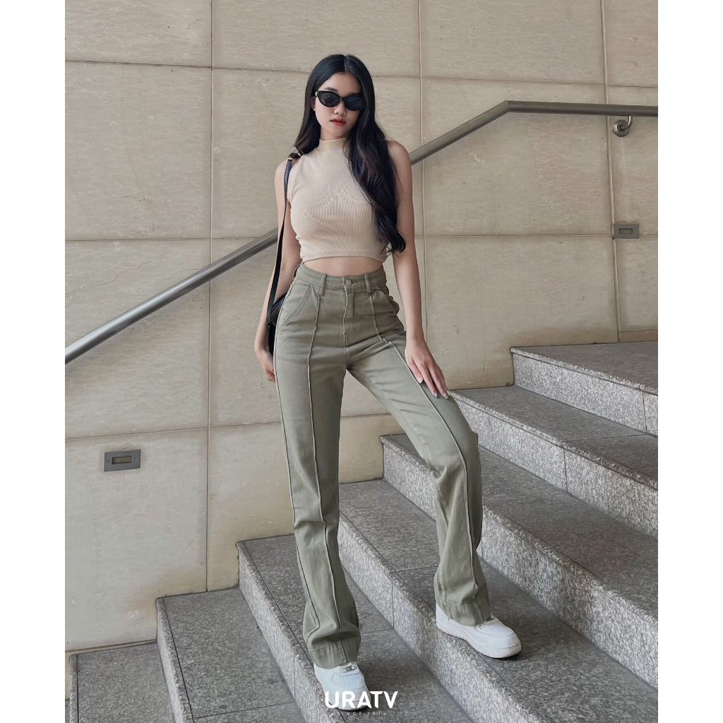 Quần jeans loe gân giữa PB lưng cao không co giãn