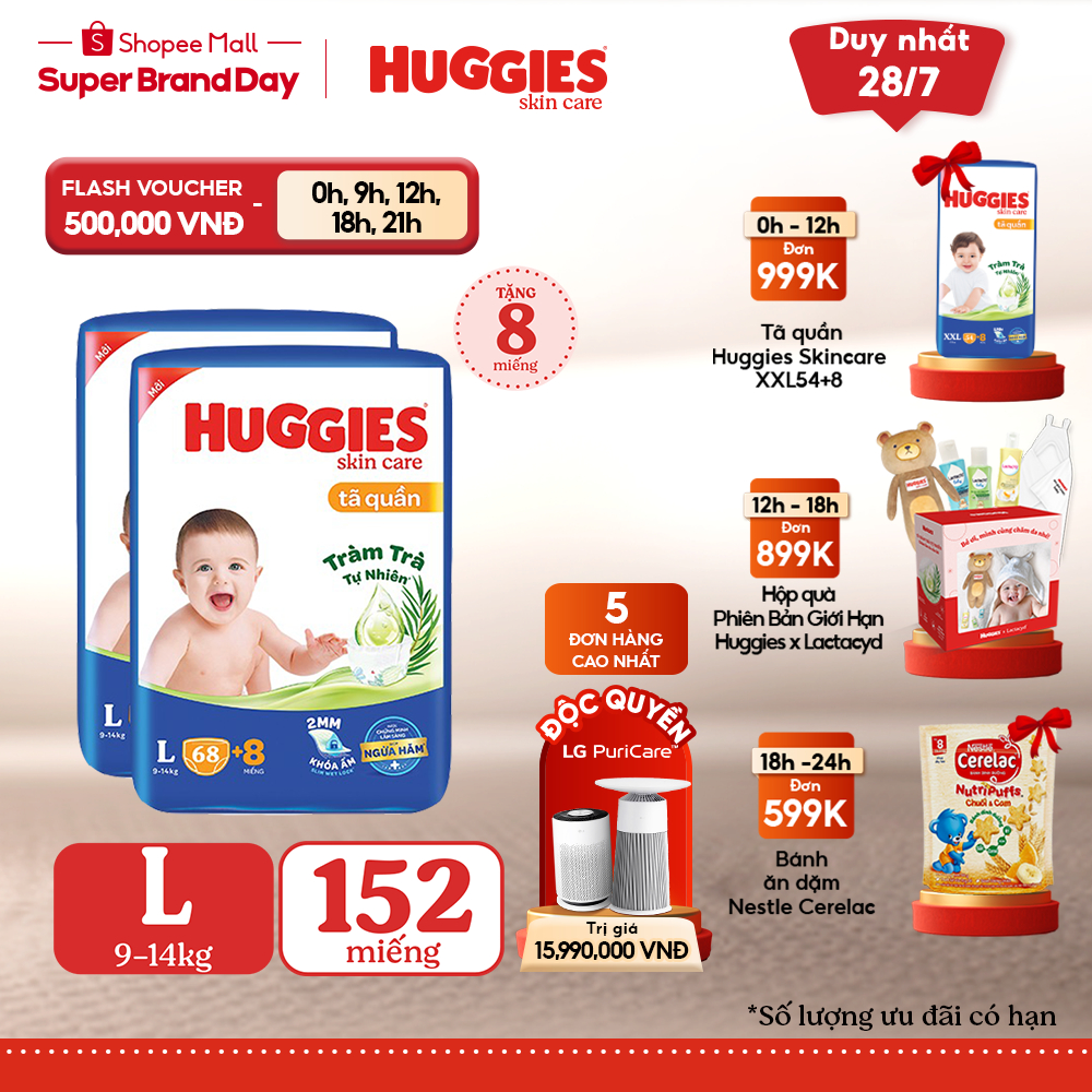 Combo 2 Tã quần Huggies Skincare Super Jumbo M76/L68/XL60/XXL54+8