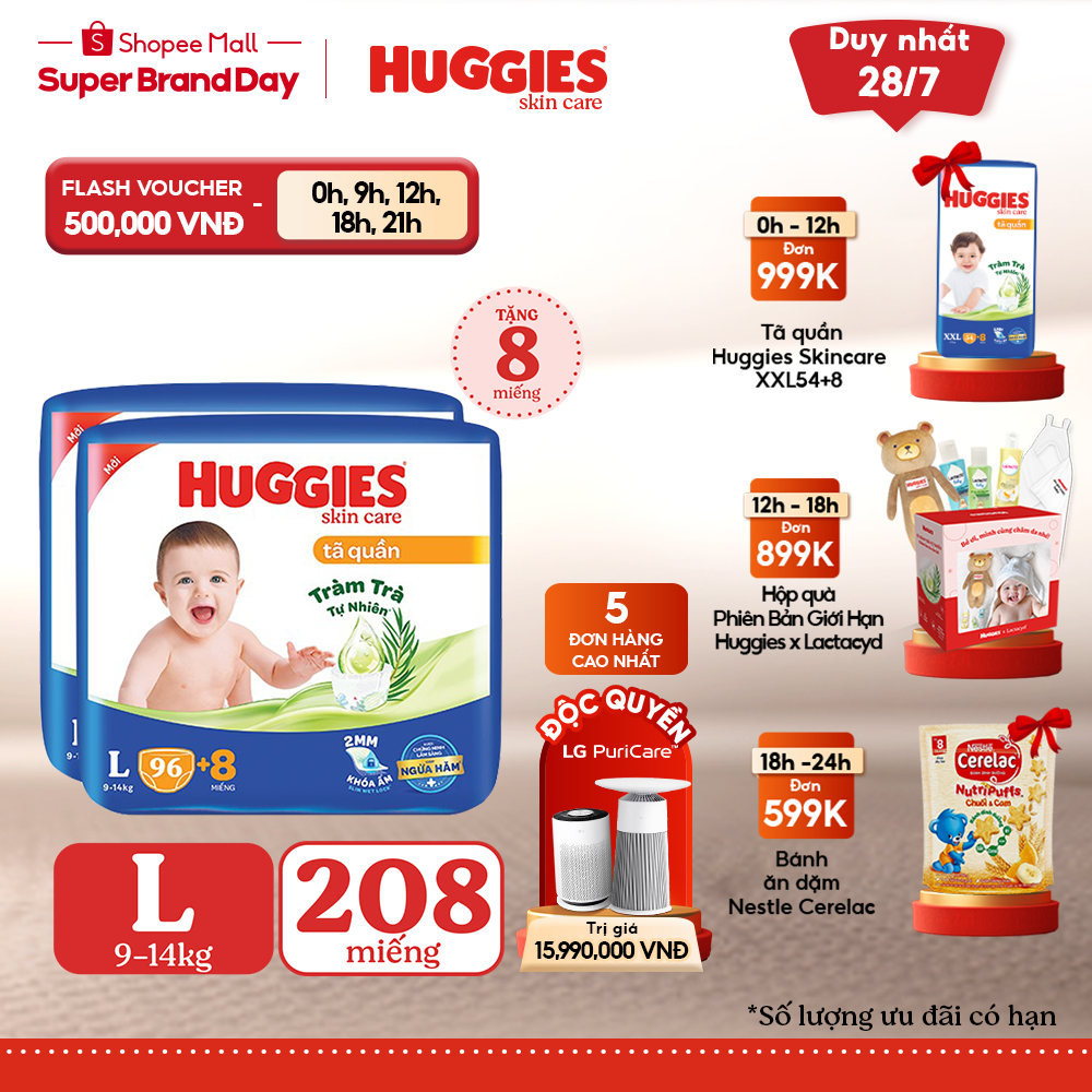 Combo 2 Tã quần Huggies Skincare Mega Jumbo M106/L96+8/XL84+4/XXL76+4
