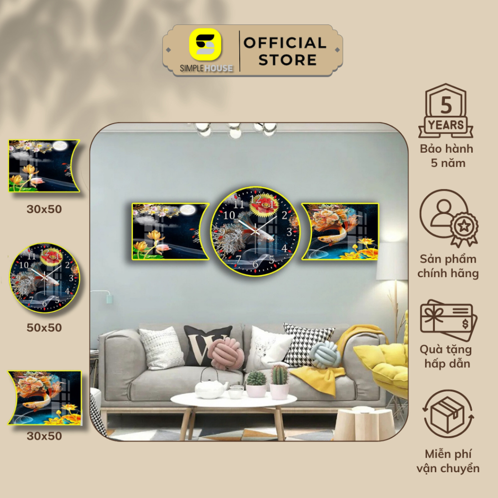 Tranh Đồng Hồ Tráng Gương Bán Nguyệt  Treo Tường/Trang Trí Phòng Khách/ Phòng Làm Việc/ Phòng Ngủ - Simplehouse