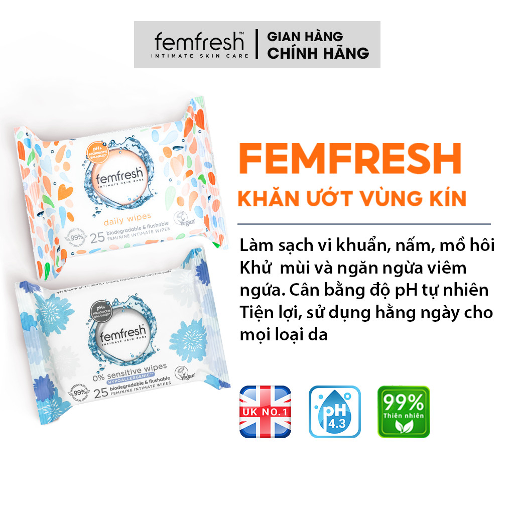 Khăn giấy ướt vệ sinh vùng kín phụ nữ cao cấp Femfresh 10 - 25 tờ/ gói Femfresh Intimate Skin Care 0% Sensitive Wipes