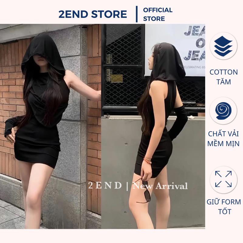 2END Váy body đen kèm mũ dáng hoodie