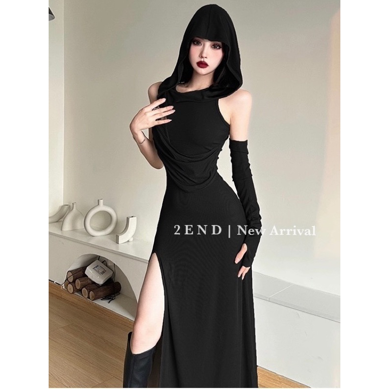 2END Váy body đen kèm mũ dáng hoodie