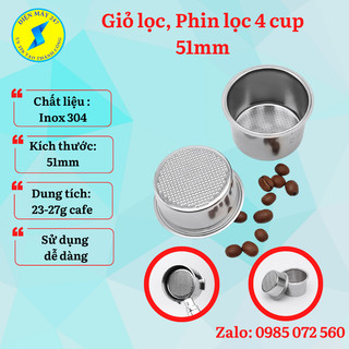 Giỏ lọc 4 cup size 51mm, phin lọc 4 cup INOX thay thế cho máy pha cà phê