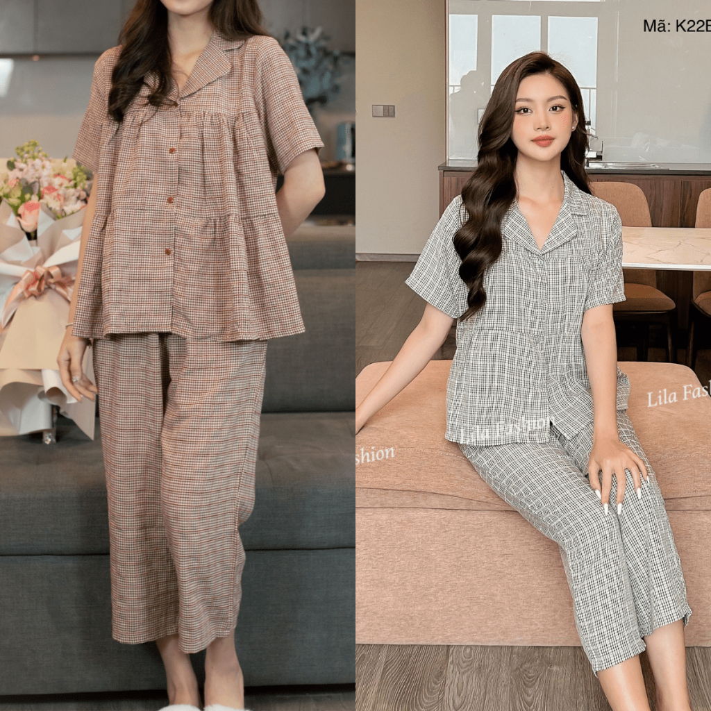 Bộ đồ nữ mùa hè mặc nhà ngắn tay kẻ caro cao cấp mềm mịn, mát