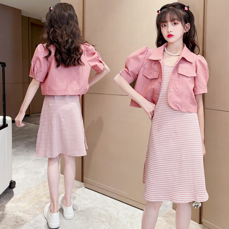 Váy bé gái, Set Váy 2 dây kẻ zip kèm áo khoác sành điệu cho bé gái chất vải mềm mát cao cấp
