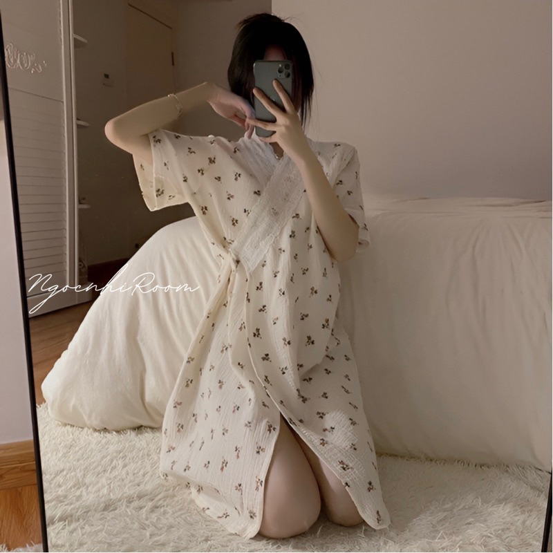 Váy ngủ tiểu thư phối ren hoạ tiết đáng yêu, áo choàng ngủ hoạt tiết siêu xinh