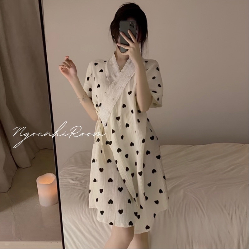 Váy ngủ tiểu thư phối ren hoạ tiết đáng yêu, áo choàng ngủ hoạt tiết siêu xinh