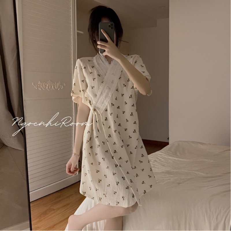 Váy ngủ tiểu thư phối ren hoạ tiết đáng yêu, áo choàng ngủ hoạt tiết siêu xinh