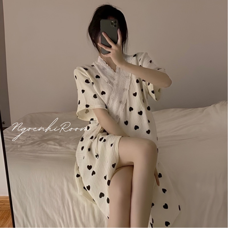 Váy ngủ tiểu thư phối ren hoạ tiết đáng yêu, áo choàng ngủ hoạt tiết siêu xinh