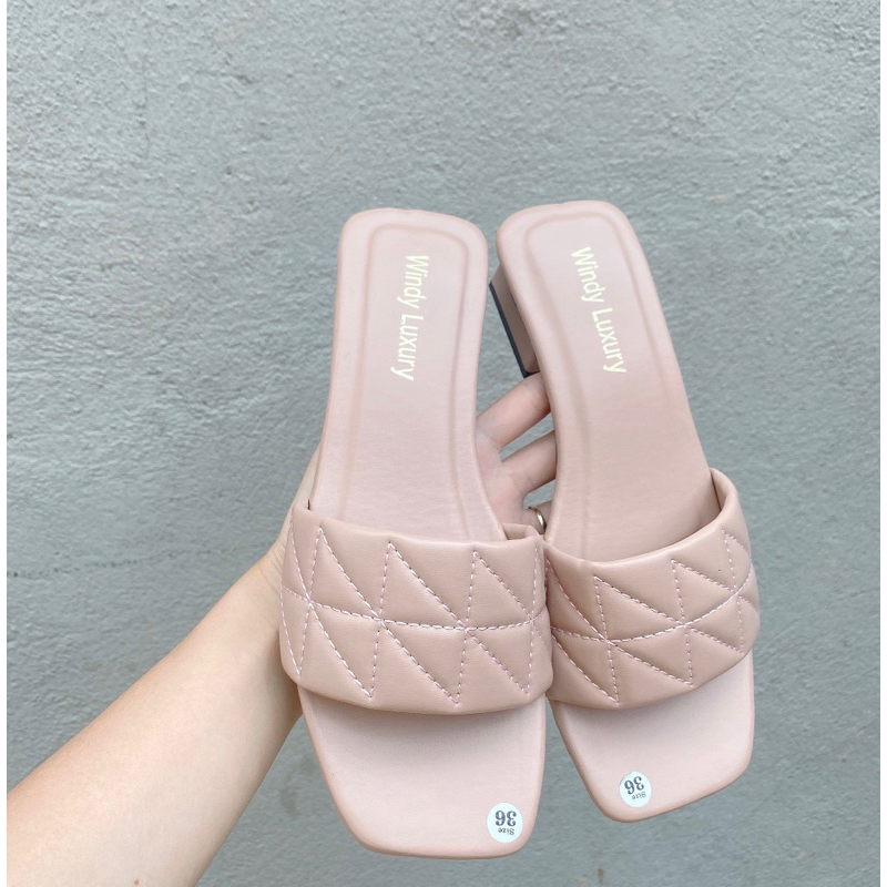 Dép/Guốc quai ngang trần trám 3 phân gót vuông