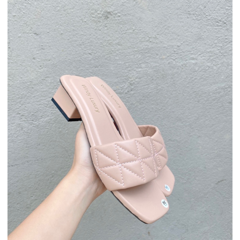 Dép/Guốc quai ngang trần trám 3 phân gót vuông