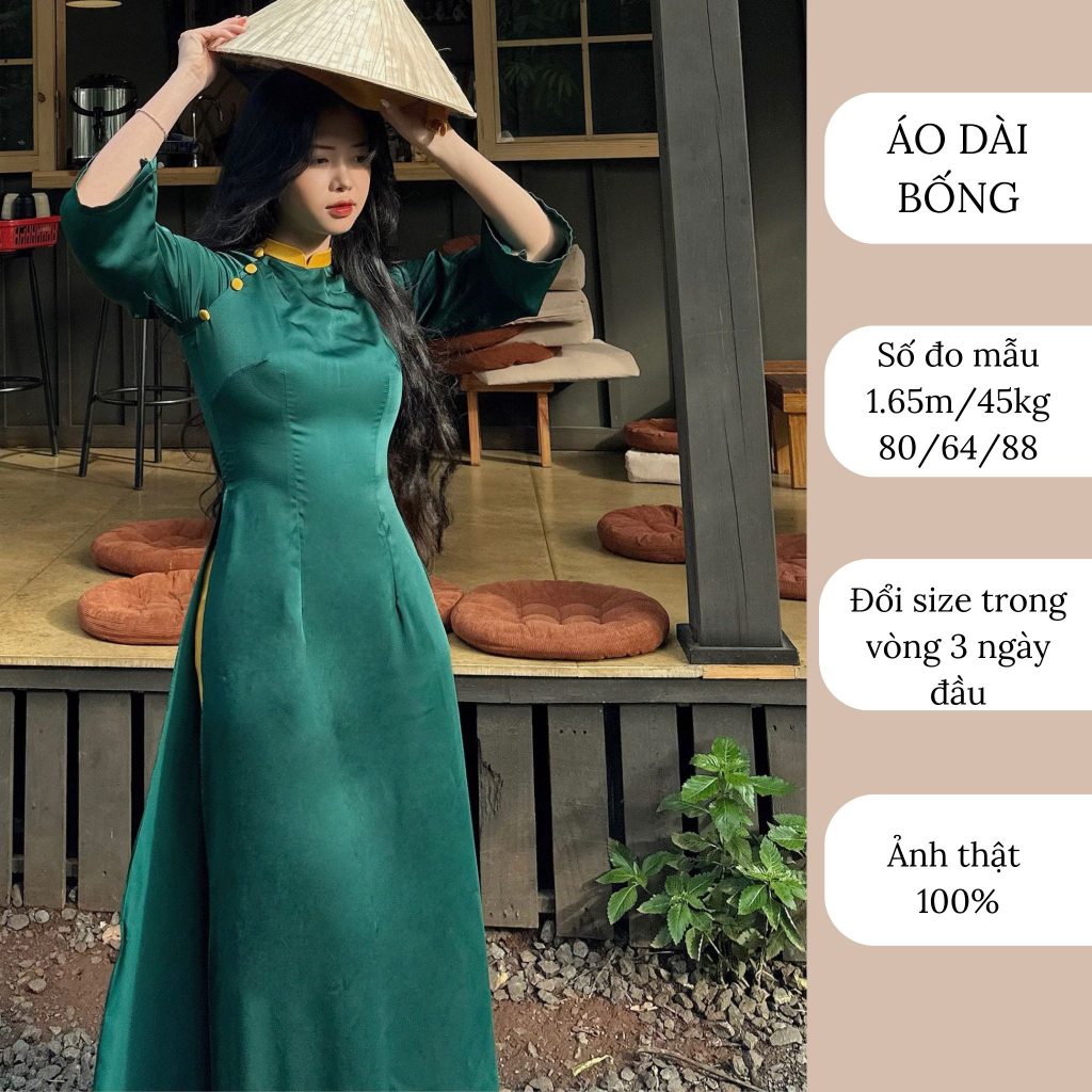 Áo dài lụa xanh cúc ngọc thiết kế may sẵn kèm quần