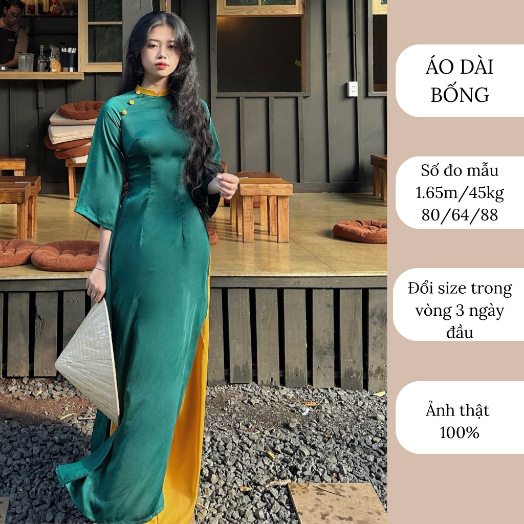 Áo dài lụa xanh cúc ngọc thiết kế may sẵn kèm quần
