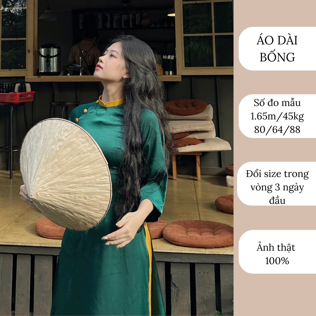 Áo dài lụa xanh cúc ngọc thiết kế may sẵn kèm quần