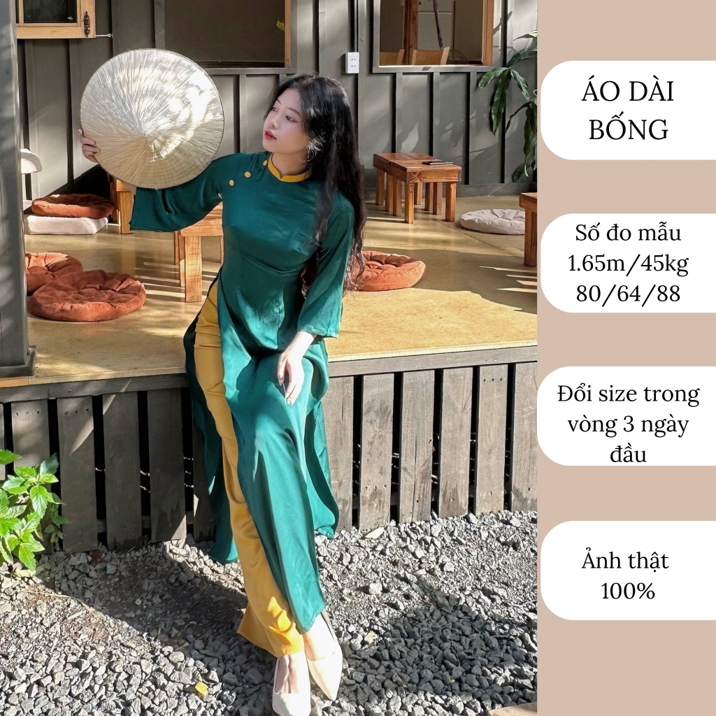 Áo dài lụa xanh cúc ngọc thiết kế may sẵn kèm quần