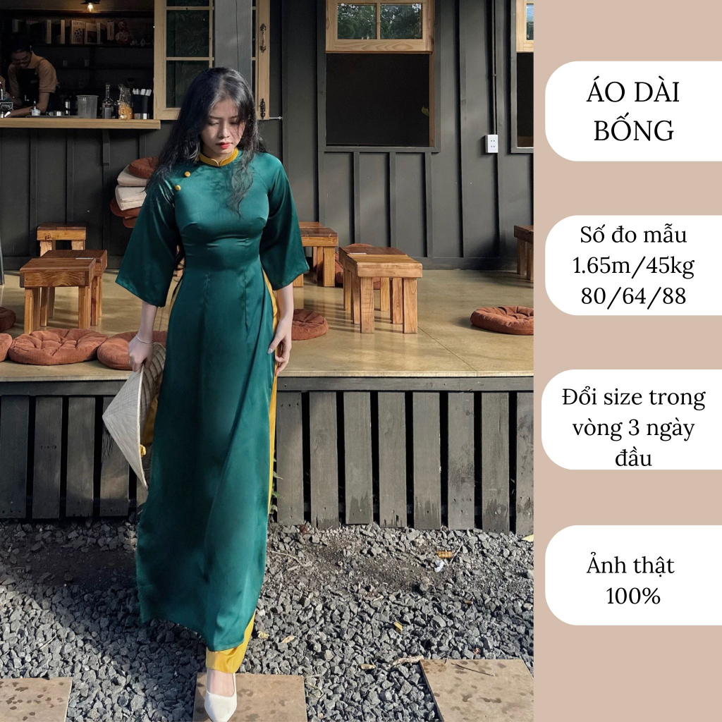 Áo dài lụa xanh cúc ngọc thiết kế may sẵn kèm quần