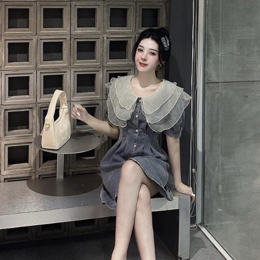 Đầm jean nữ đóng nút xếp ly dáng ngắn mix voan tơ bèo tầng siêu xinh xắn tiểu thư sang chảnh dành các nàng thơ siêu hot