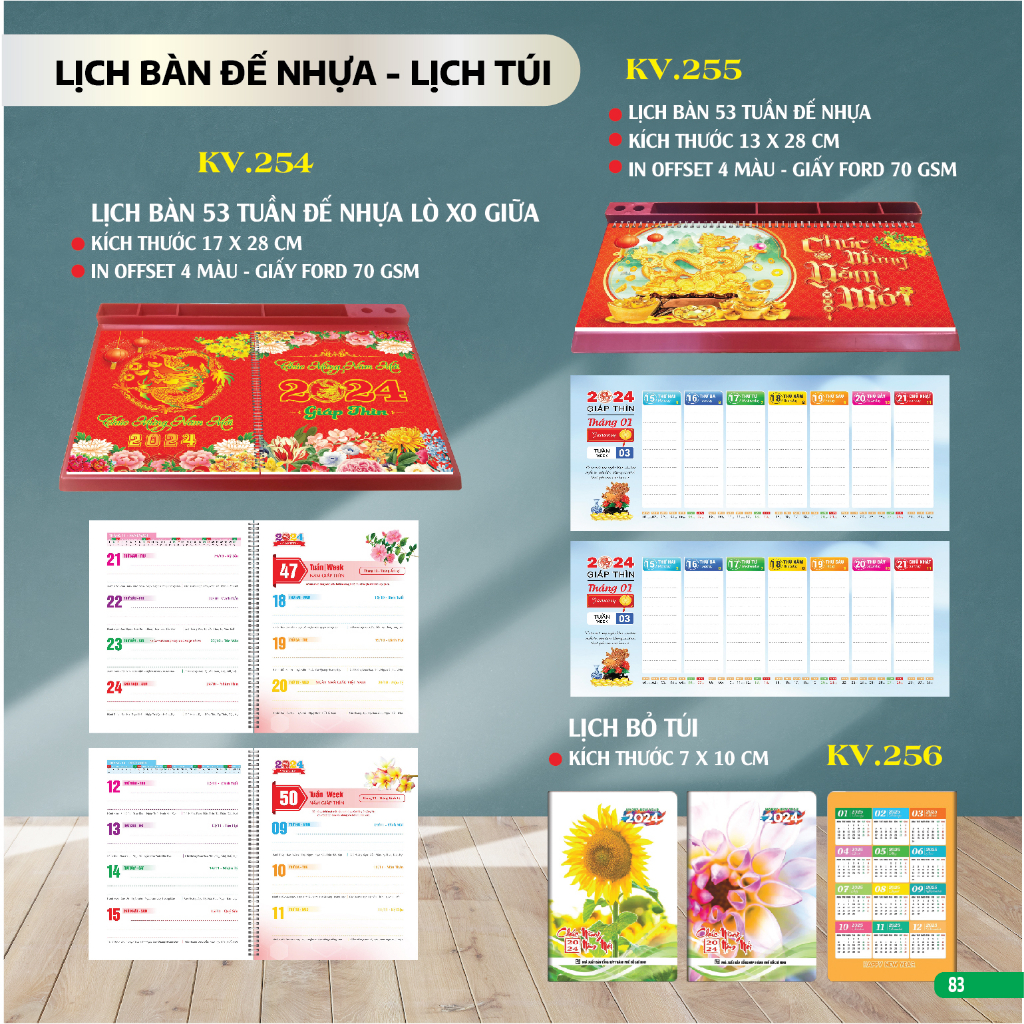 Lịch để bàn 53 tuần đế nhựa lò xo giữa  2024