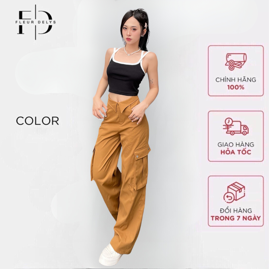 Quần kaki AC264 QB290 ống suông rộng nữ Delys cạp nhọn cá tính & Áo croptop 2 dây đan chéo phía sau lưng