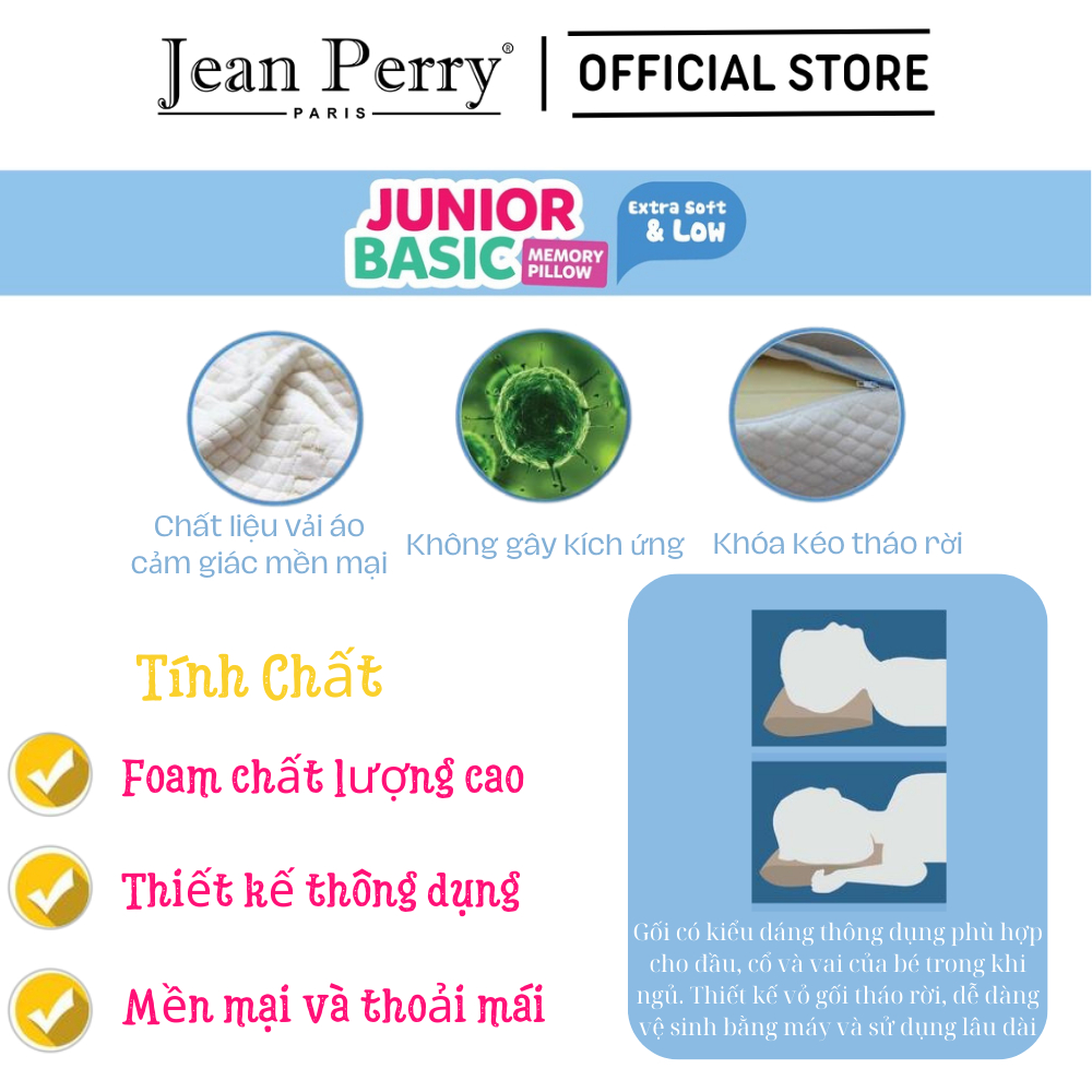 Gối nằm cho bé Jean Perry Memory Foam - Junior Basic 30x50x11cm