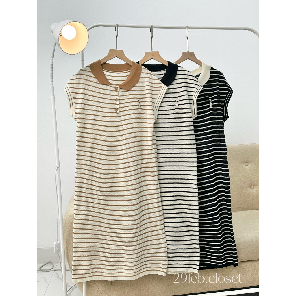 29feb.closet Váy xinh polo thêu hình thỏ phối viền kẻ ngang chất len mongtoghi dáng suông dài - V122