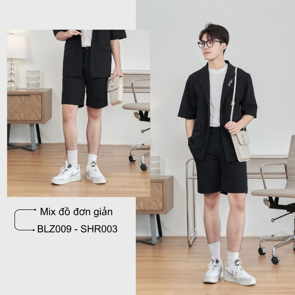 Áo Blazer Ngắn Tay MANDO Vải Tuyết Mưa Nam Form Rộng Họa Tiết Thêu Phối Cổ Hai Lớp Phong Cách Hàn Quốc Basic BLZ009