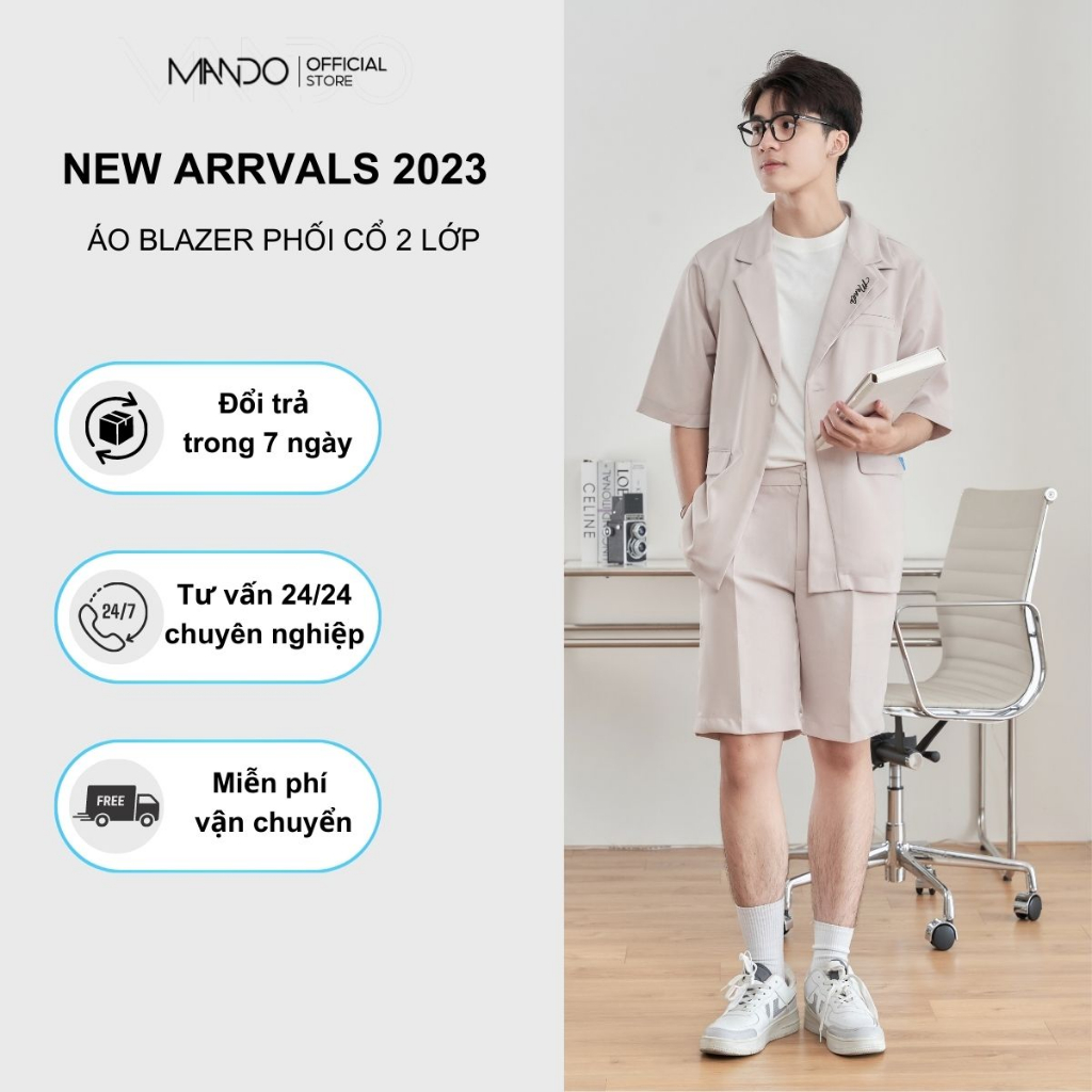 Áo Blazer Ngắn Tay MANDO Vải Tuyết Mưa Nam Form Rộng Họa Tiết Thêu Phối Cổ Hai Lớp Phong Cách Hàn Quốc Basic BLZ009