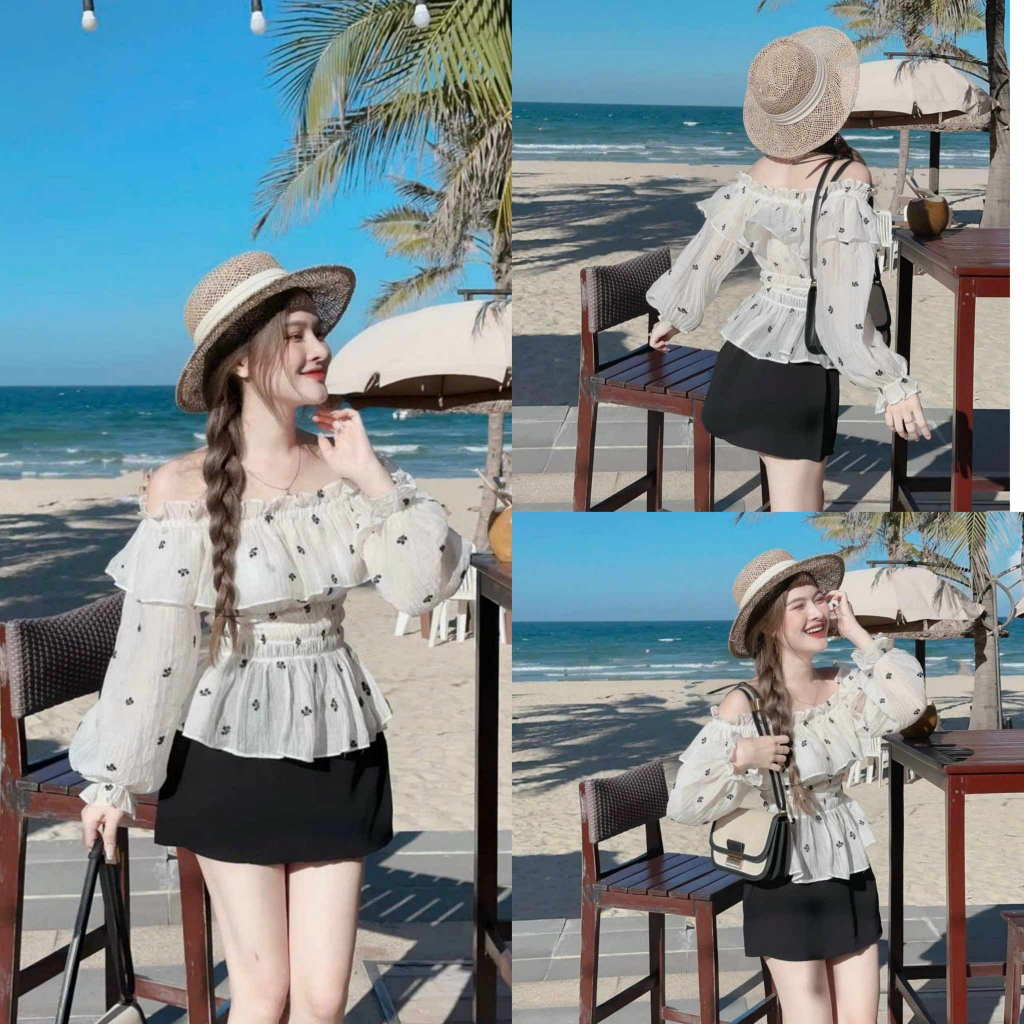 Sét nữ áo bèo tay dài ống loe voan trễ vai, váy ôm vải cotton tiểu thư